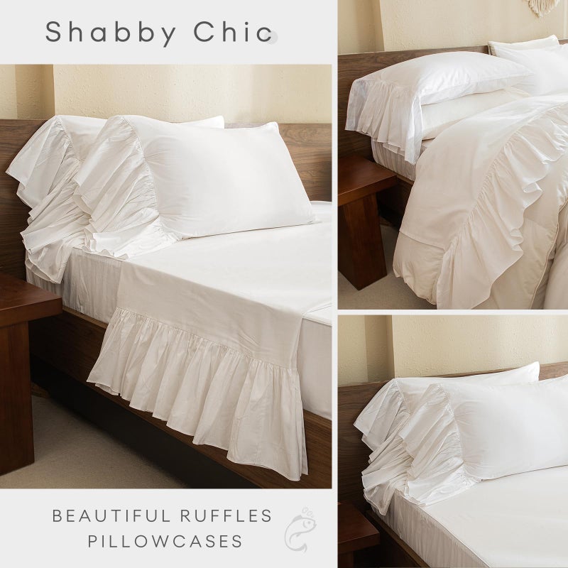 QSH Queen's House White Ruffles Bed Sheet Set Cotton 4-Piece King Size-Style G - Image 5
